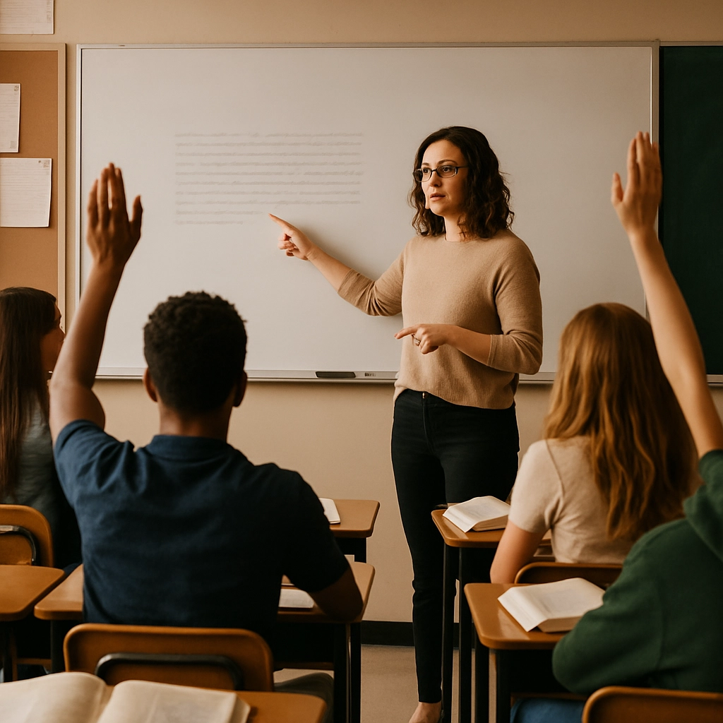 A realistic, high-quality image of a teacher modeling a think-aloud strategy in a high school language arts classroom. The teacher is standing in front of a whiteboard, pointing to a paragraph on the board while talking to the class. Students are seated at desks with opened books, some raising hands. The image is warm and focused, with no text, letters, or words anywhere.