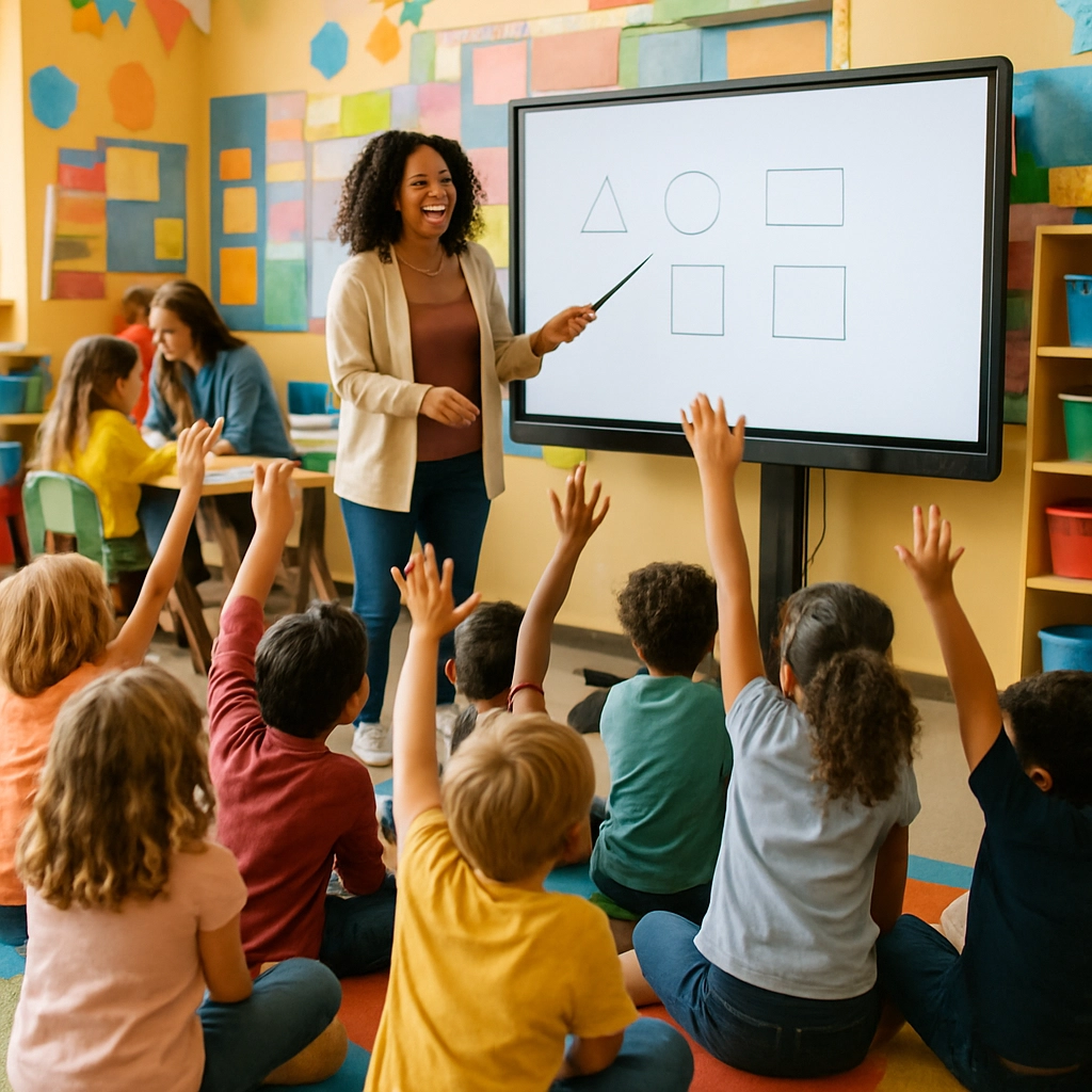 A realistic, high-quality image of an energetic elementary classroom where a teacher stands at the front, using a pointer to go over a lesson on a digital screen. The students are sitting on a rug, raising hands to answer, while a teaching assistant works with a small group in the background. The classroom is colorful and lively, with no text, letters, or words anywhere.
