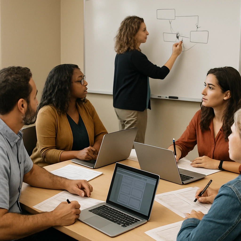 A realistic, high-quality image of a group of teachers in a professional development workshop, sitting around a table with laptops and SIOP lesson plan templates. An instructor stands at a whiteboard, writing and drawing a diagram, while the teachers take notes and discuss. The image conveys collaboration and learning, with no text, letters, or words anywhere.