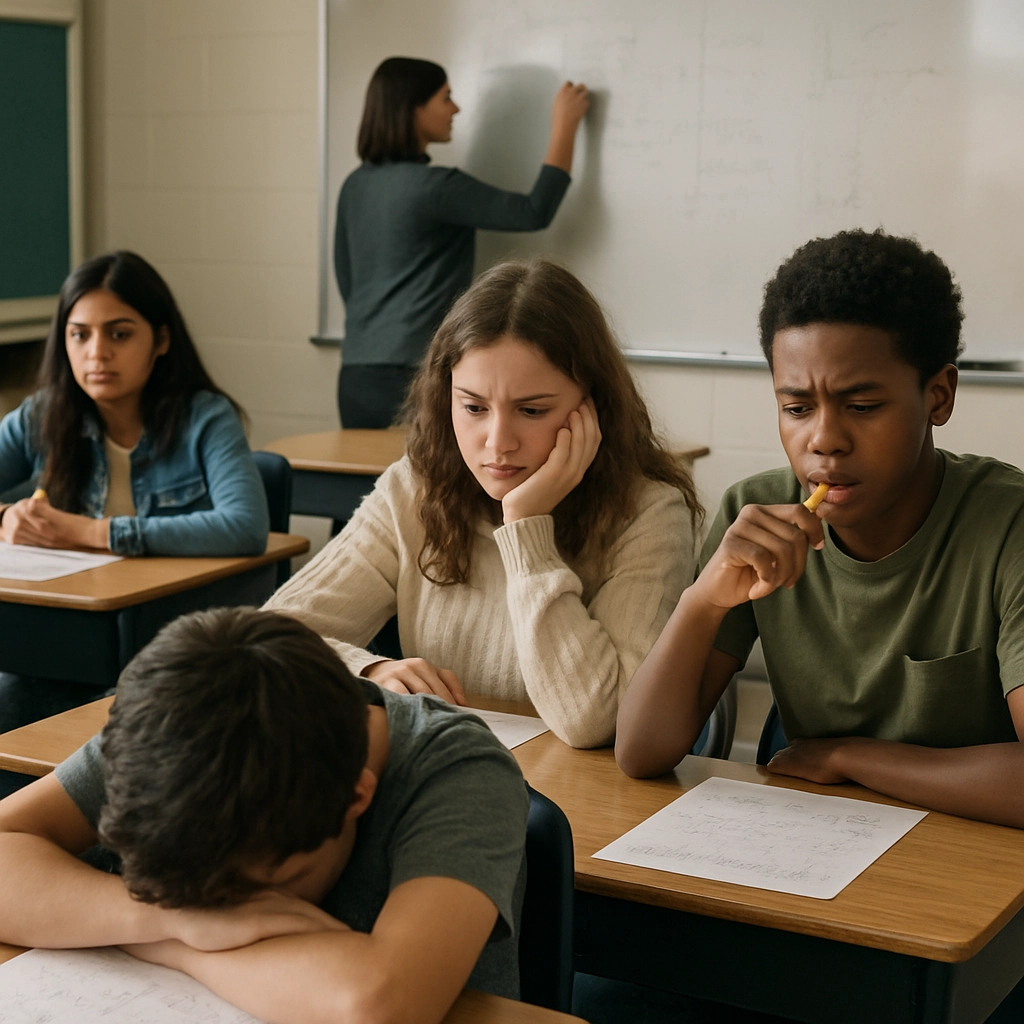 A realistic classroom scene with diverse middle school students sitting at desks, looking anxious and confused while staring at a math worksheet filled with complex equations. One student has their head down in frustration, another is chewing on a pencil, and a teacher is writing on a whiteboard in the background. The atmosphere is tense and quiet. No text, letters, or words are present in the image.