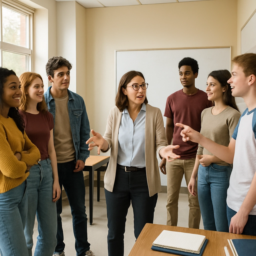 A dynamic classroom scene with students standing on two opposite sides of a room. On the left side, a group of students are huddled together, looking confident, while on the right side, another group is also standing, one student is pointing to a whiteboard. A teacher in the center is gesturing, facilitating the discussion. The students look engaged and eager. The room is filled with natural light. No text, letters, or words are allowed in the image.