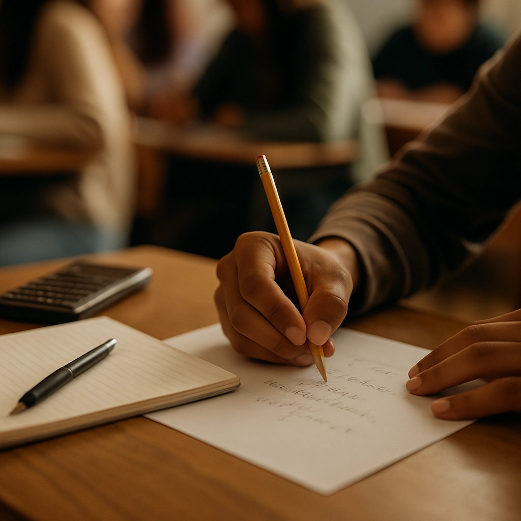 A close-up photo of a student's hands writing a math equation on a piece of paper, with a pencil. Next to the paper is a notebook with a pen and a calculator. In the background are other students blurred out, working on their own assignments. The lighting is warm, and the focus is on the student's work. The image should convey a sense of thinking and problem-solving. The image contains no text, letters, or words.