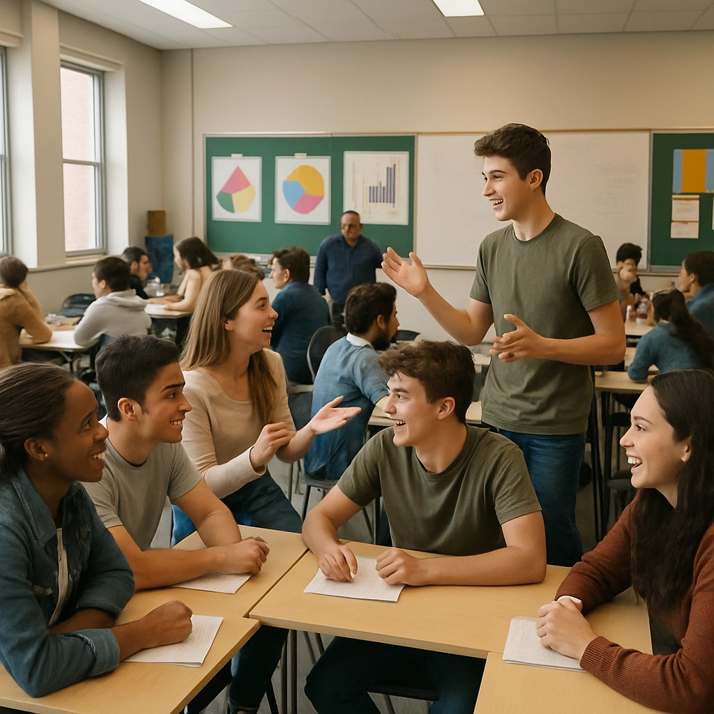 A wide-angle view of a modern, vibrant classroom. Students are seated in small groups, engaging in animated discussions, some standing up to explain something to their peers. On the walls, there are colorful posters of geometric shapes and graphs. The teacher is walking around, listening to the debates and occasionally interjecting with a question. The overall mood is energetic and collaborative. No text, letters, or words are to be seen in the image.