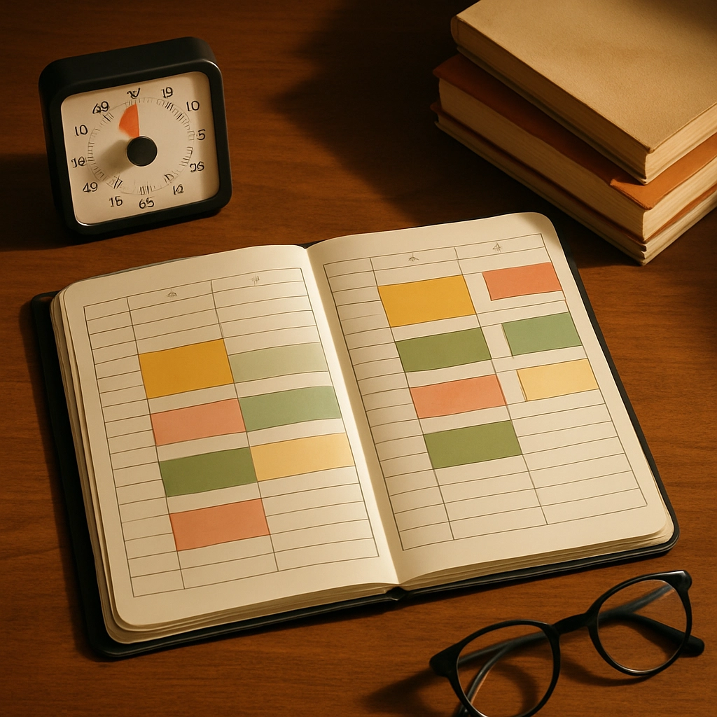 A realistic, high-quality image of a teacher's desk with a neatly organized lesson plan notebook, a timer, and a stack of books, viewed from above. The notebook is open showing a schedule with blocks for different activities, but no text or letters are visible, only colored blocks and lines. The lighting is warm and focused, suggesting a well-prepared teaching environment. No words, letters, or numbers anywhere in the image.