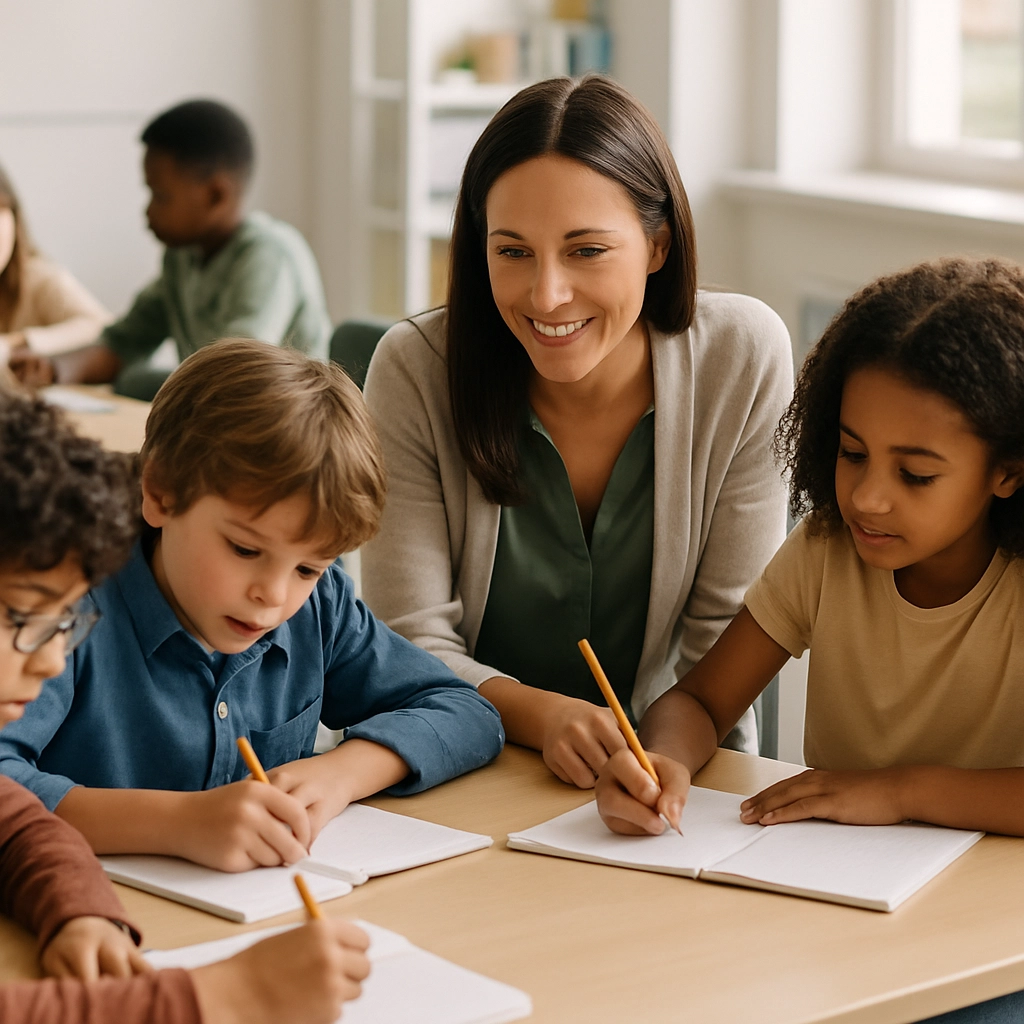 A realistic, high-quality image of a diverse group of students working together in small groups at classroom tables, with notebooks and pencils, while a teacher kneels beside one group to provide guidance. The room is bright and airy, with no visible text or letters on any board, chart, or paper. Only natural body language and interaction are shown. The scene conveys collaboration and focused activity, free of any textual elements.
