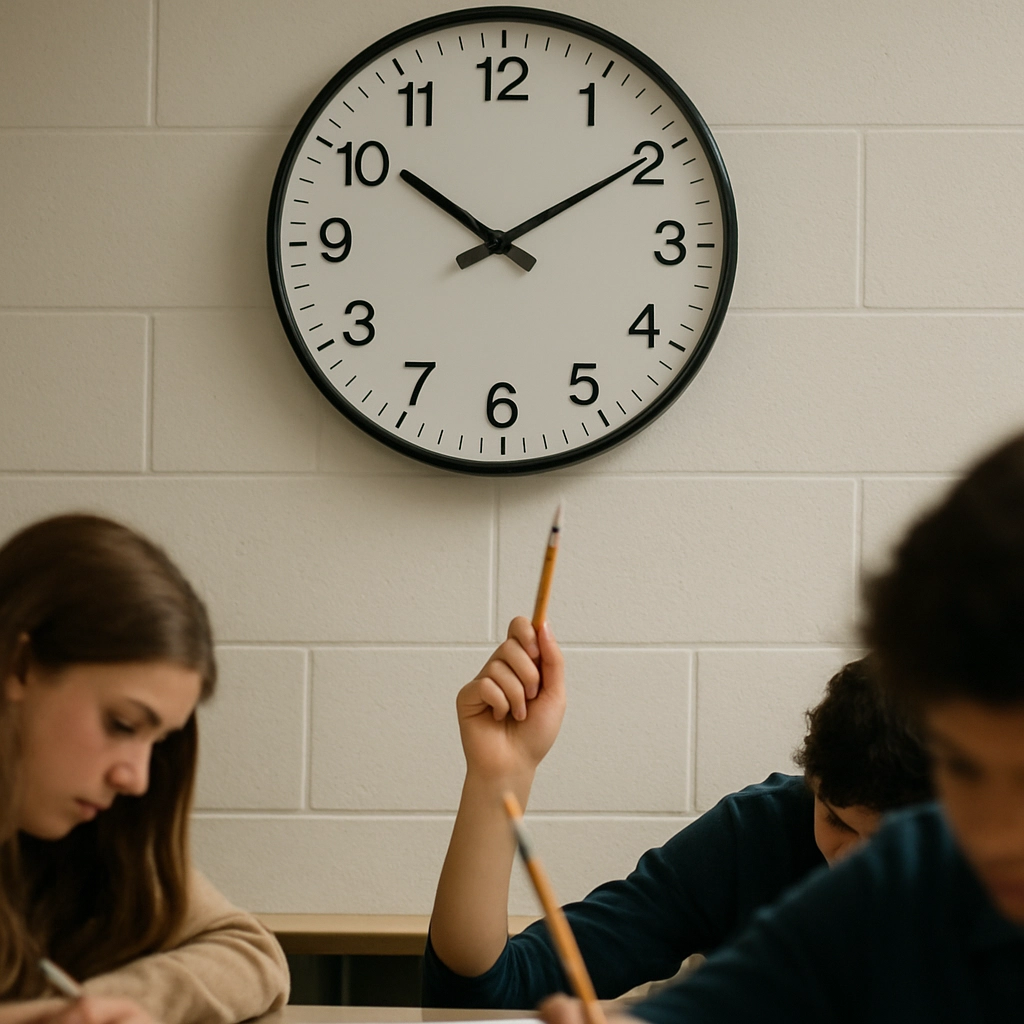 A realistic, high-quality image of a modern classroom wall clock with a large, clear face, seen from the perspective of a student sitting at a desk. The clock shows numbers but no letters or words, and the hands are positioned to indicate a time. In the foreground, a student's hand is raising a pencil over a worksheet, with partial view of other students working. The focus is on the clock and the controlled, time-conscious atmosphere. No textual elements other than the numbers on the clock.