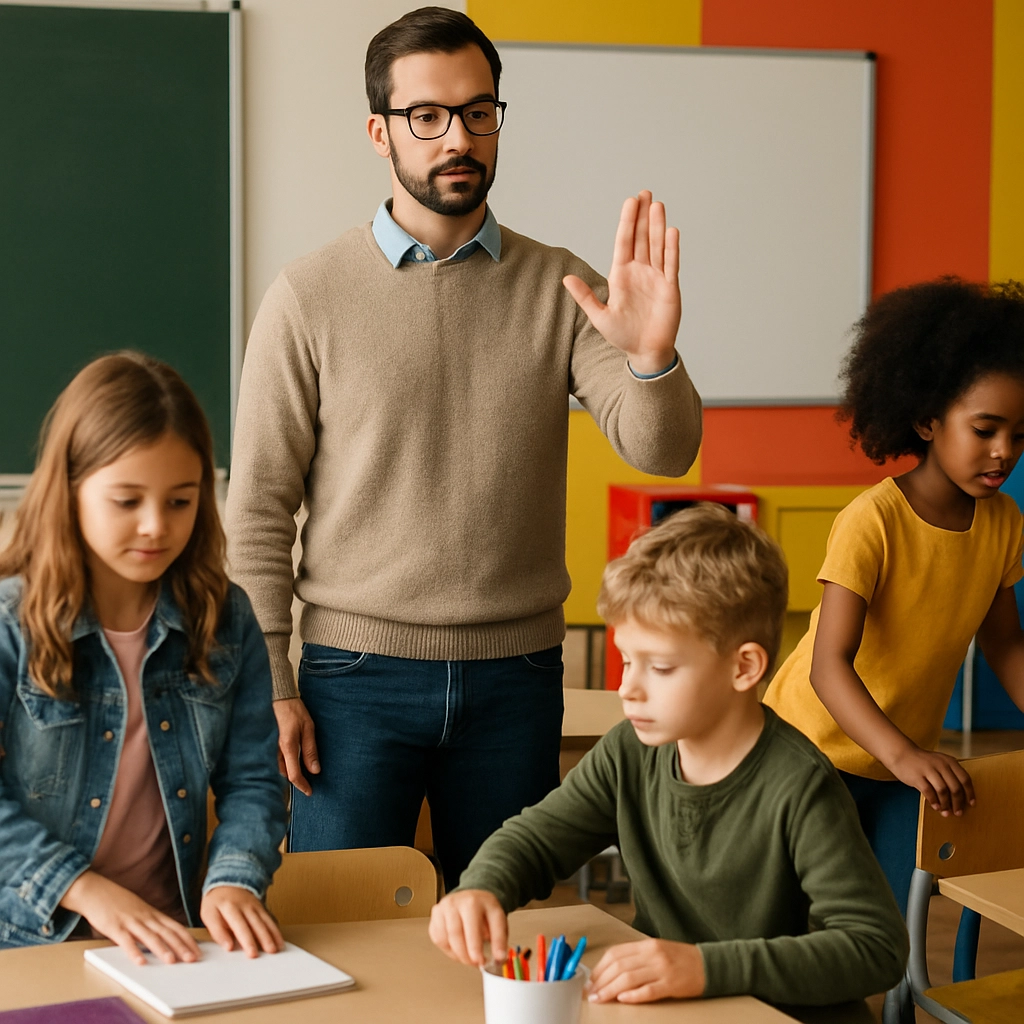 A realistic, high-quality image of a teacher standing at the front of a classroom using a simple hand gesture to signal a transition. Students are in the process of moving from one activity to another, some closing notebooks, others picking up colored markers or moving chairs. The classroom is colorful but no posters or written instructions with text are visible. The image captures a moment of organized movement, with a sense of efficiency, without any readable text.