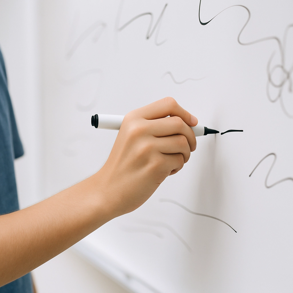 A close-up photograph of a student's hand writing on a whiteboard with a black marker, focusing on a single sentence that has a clear subject and verb, with other scattered lines and doodles around it but no readable text. The image captures the act of deliberate practice, with a bright, clean background, and the emphasis is on the physical act of writing, free from any letters, words, or numbers.