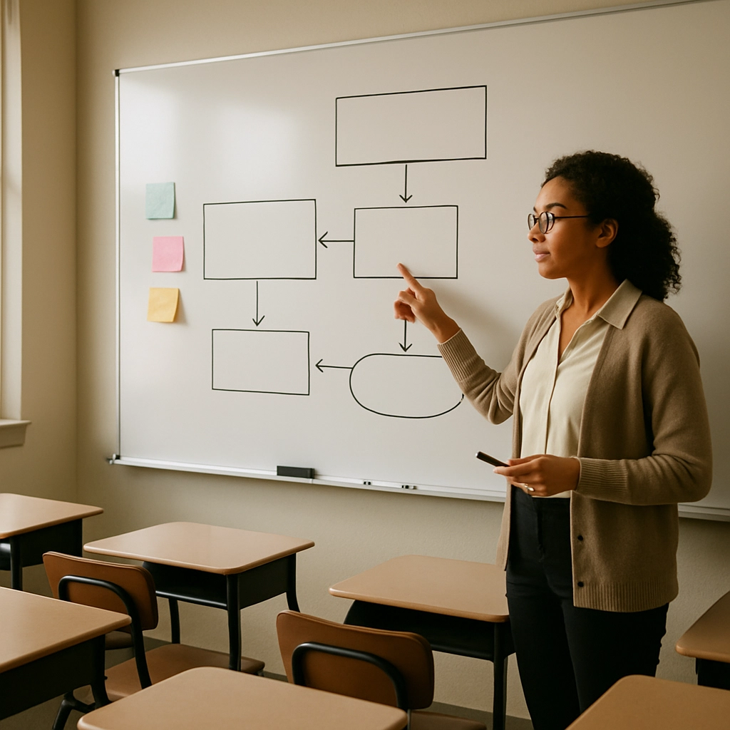 An image of a teacher in an empty classroom, standing at a whiteboard that has a diagram of a simple writing formula (like a graphic organizer with arrows and boxes), but all shapes and arrows are labeled with blank spaces or generic symbols, no actual words. The teacher is pointing to an empty box, and there are sticky notes on the board with colorful marks, but again, no readable text. The mood is inspiring and focused on planning, with soft natural light.