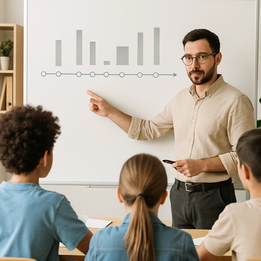 A realistic, high-quality image of a teacher pointing to a schedule or timeline on a whiteboard, with students looking attentively, the classroom is bright and organized, no text, letters, or words anywhere in the image