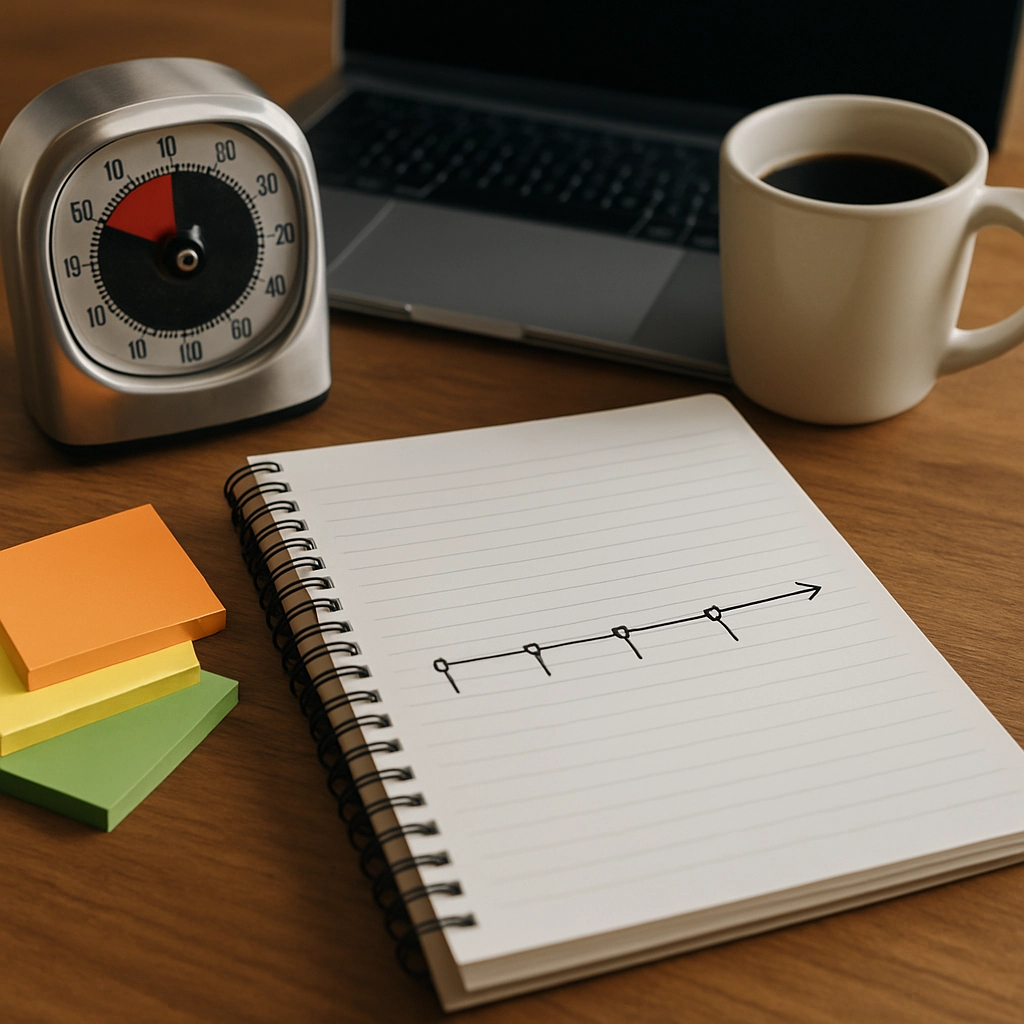 A realistic, high-quality image of a teacher's desk with a lesson plan notebook showing a timeline, a timer, and colorful sticky notes, with a laptop and coffee cup, no text, letters, or words anywhere in the image