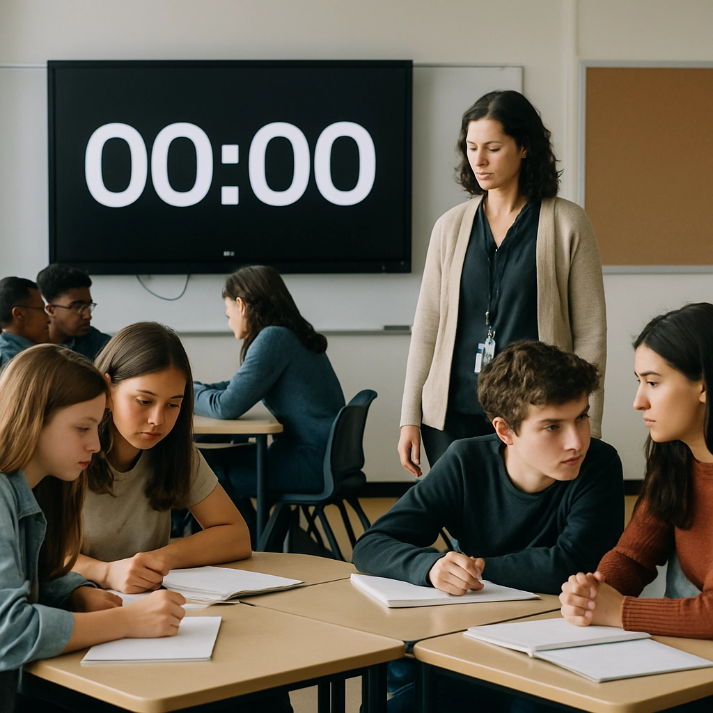 A realistic, high-quality image of a classroom with a large digital timer on the screen, students working in small groups with earnest expressions, teacher circulating and glancing at the timer, no text, letters, or words anywhere in the image