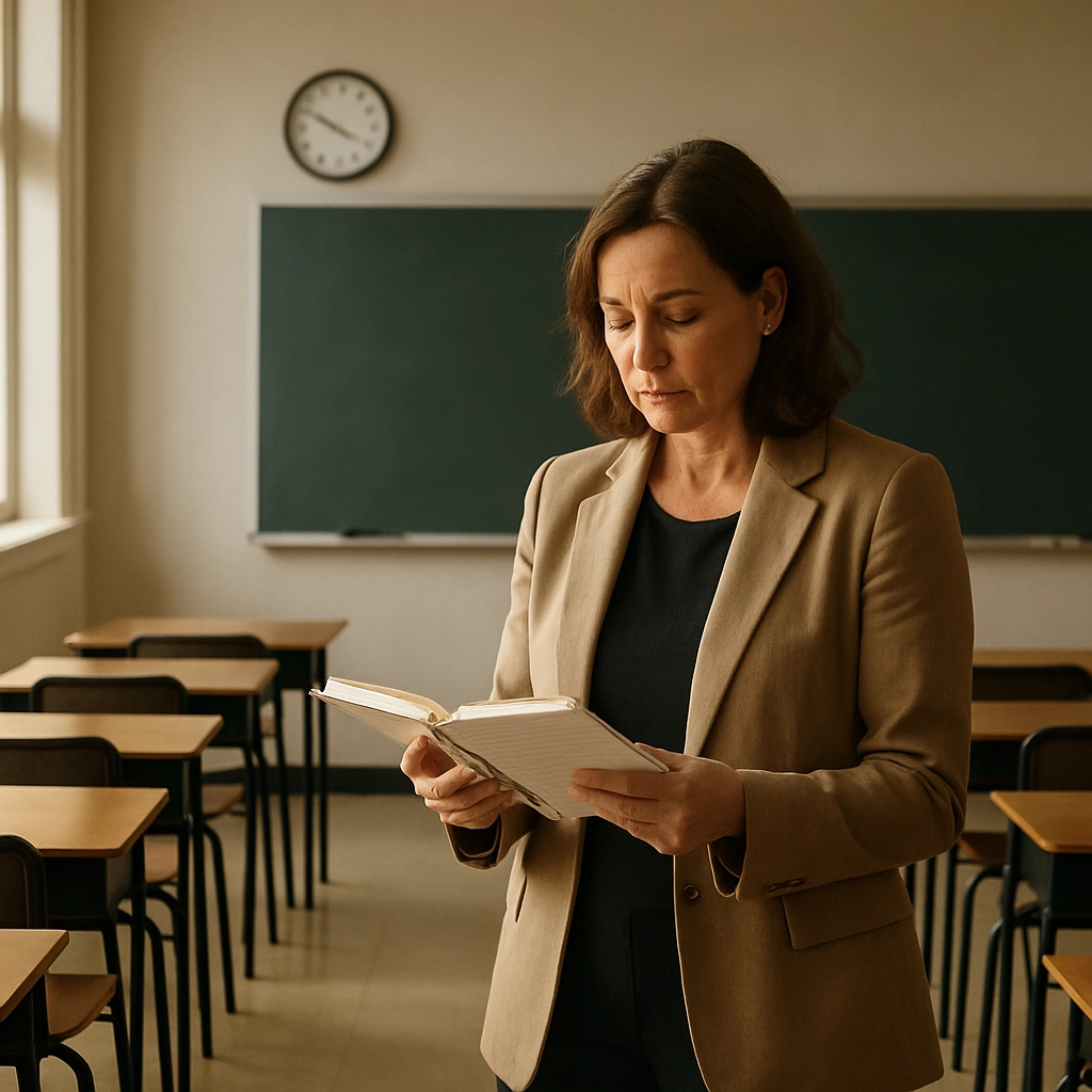 A realistic, high-quality image of a teacher reviewing a notebook after class, with a clock on the wall and empty student desks, soft afternoon light, no text, letters, or words anywhere in the image