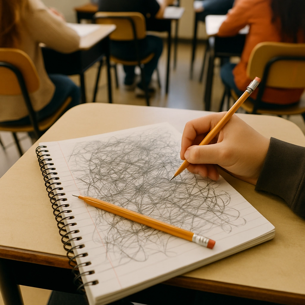 A realistic classroom scene, viewed from above, showing a student's notebook filled with messy, crossed-out handwriting and doodles, with a pencil resting on the paper. The student's hand is partially visible, actively writing. The background is softly blurred showing other students at desks. The image conveys the chaotic, exploratory nature of brainstorming, with no text, letters, or words visible in the scene.