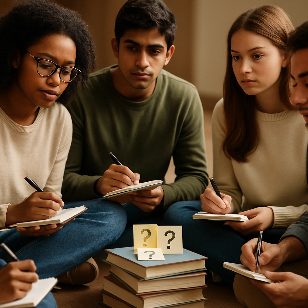 A close-up, realistic photo of a diverse group of students sitting in a circle on the floor, each holding a small notebook and pen, looking thoughtful. In the center, a stack of books and a few question mark-shaped sticky notes are placed. The lighting is warm and inviting, suggesting a collaborative and safe learning environment. The image has no text, letters, or words visible.