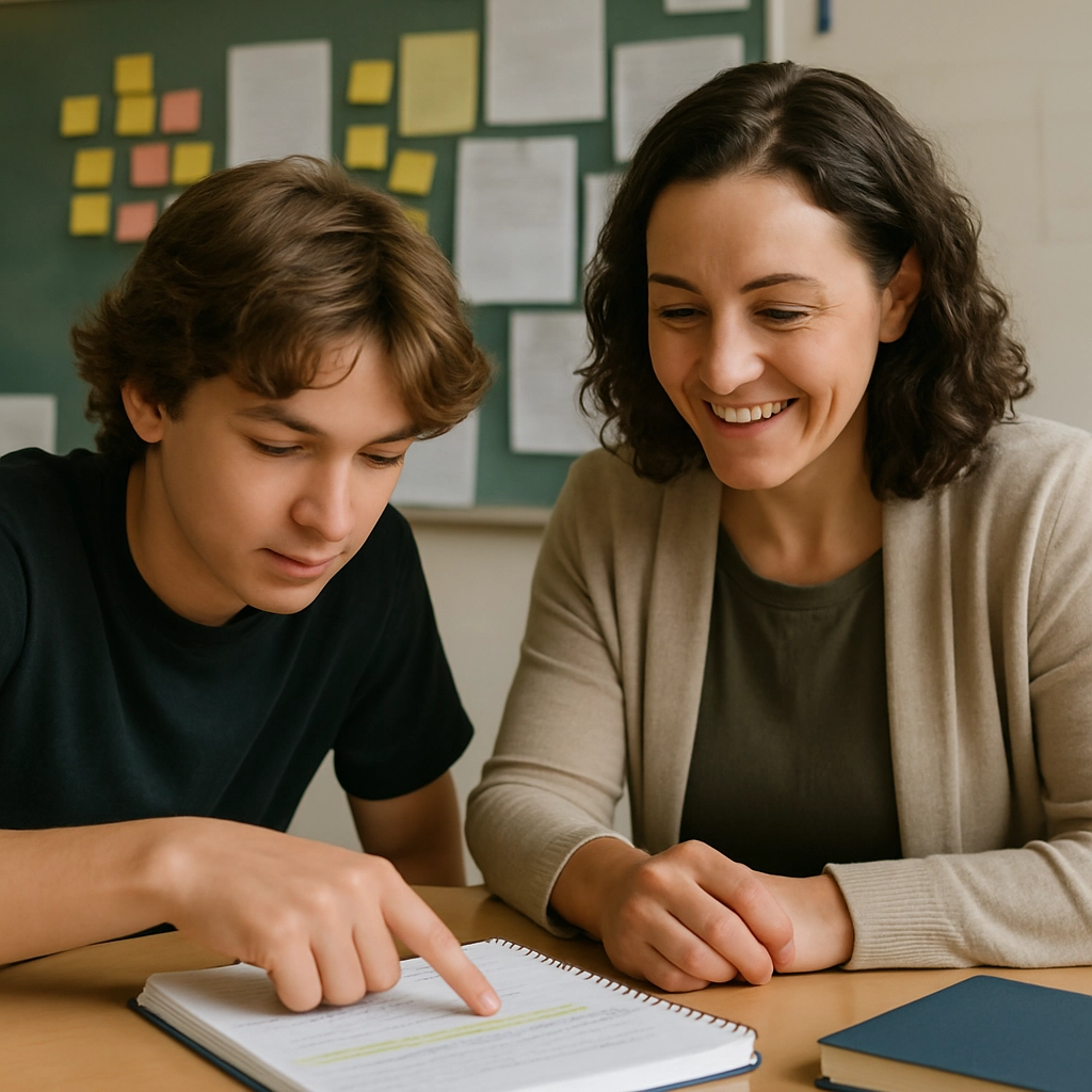 A realistic photo of a teacher and a student sitting at a table reviewing a notebook. The student is pointing to a highlighted sentence in their freewrite, and the teacher is smiling and nodding. The background shows a classroom with a whiteboard covered in sticky notes and student work. The scene conveys mentorship and the process of turning ideas into a plan. The image contains no text, letters, or words.