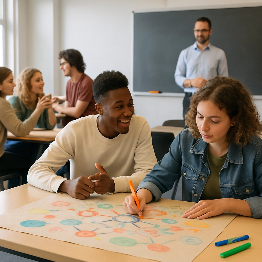 A realistic photo of a modern classroom with students working in pairs, talking animatedly, while one student is writing on a large canvas of butcher paper spread on the desk, filled with colorful words, drawings, and connected dots. The teacher is in the background, observing. This image shows the synthesis of ideas from freewriting into a class concept map. The image has no text, letters, or words visible, and the focus is on the collaborative and visually rich thinking process.