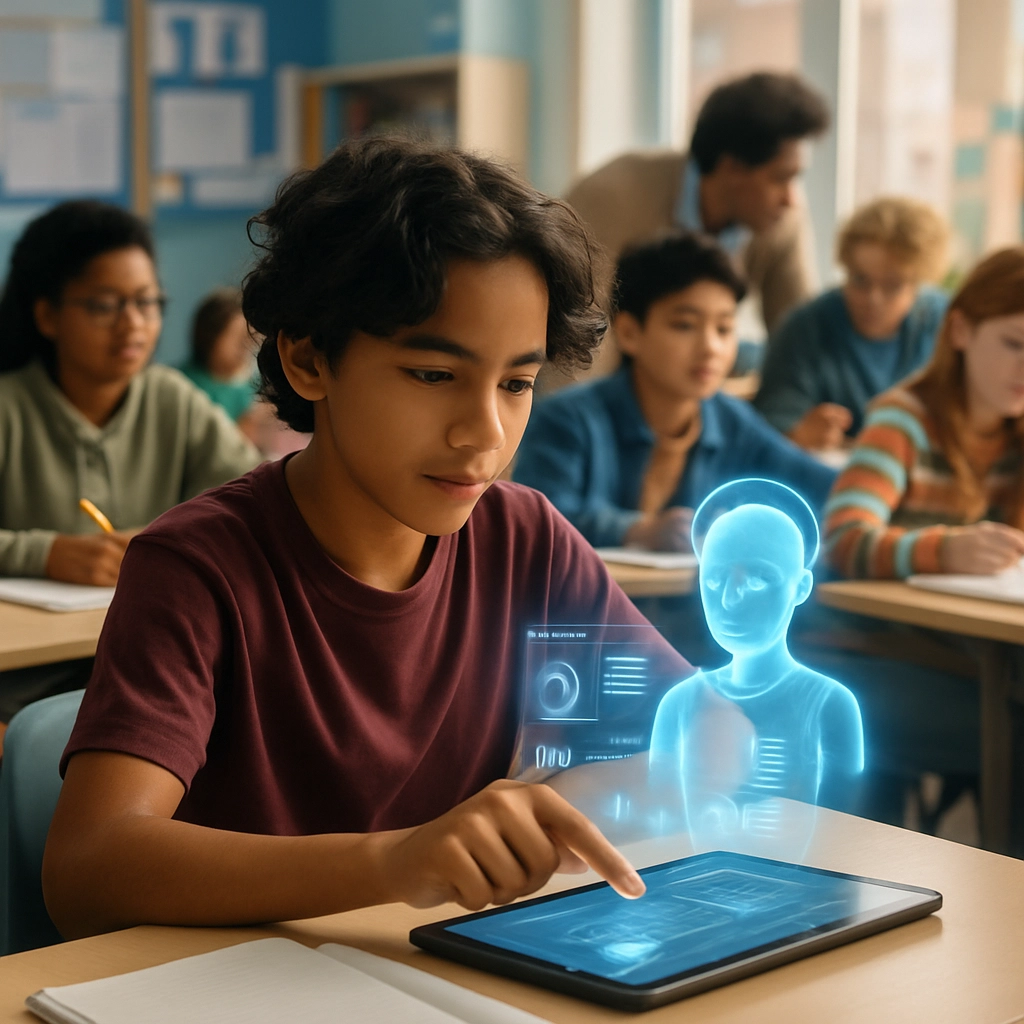 A realistic, high-quality image of a diverse middle school classroom in 2026, showing a student using a tablet with a holographic AI tutor interface floating above it, while the teacher is assisting another small group. The scene is vibrant and focused on active learning, with no text, letters, or words anywhere in the image, just the visual representation of the AI tutoring activity.
