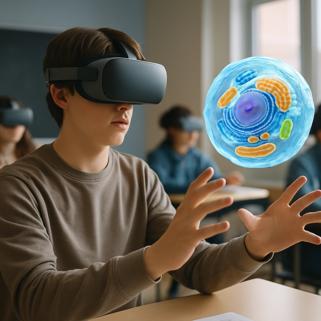 A realistic photographic-style image of a high school student wearing a sleek, modern VR headset in a modern classroom, with their hands reaching out to interact with a floating, three-dimensional hologram of a human cell, while other students are also engaged with their own headsets. The focus is on the immersive, interactive nature of the experience, and the image contains absolutely no text, letters, or words.