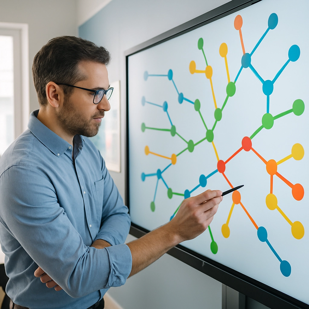 A realistic, detailed image of a teacher in a modern classroom, viewing a large interactive screen displaying a colorful, branching 'concept map' showing student progress in real time, with different colored lines and nodes representing various students' paths. The teacher is using a stylus to highlight a specific student's path, and the overall scene communicates data-driven, personalized education. No text, letters, or words are present in the image.