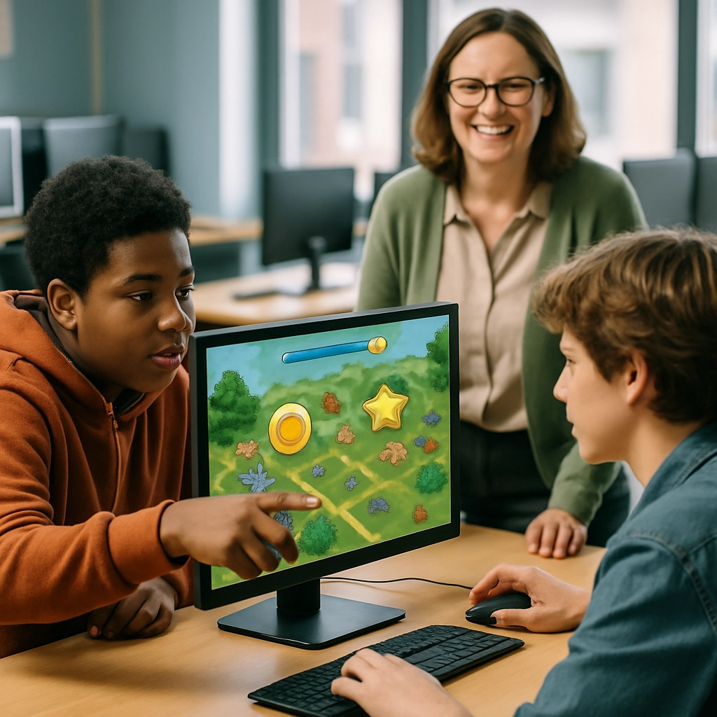 A realistic photo showing two students collaborating over a computer screen that displays a strategy-based educational game, with a progress bar and virtual rewards floating on screen as a teacher looks on with a smile. The room is a modern computer lab, and the focus is on the positive, engaging, and collaborative learning experience. The image is completely free of any text, letters, or words.