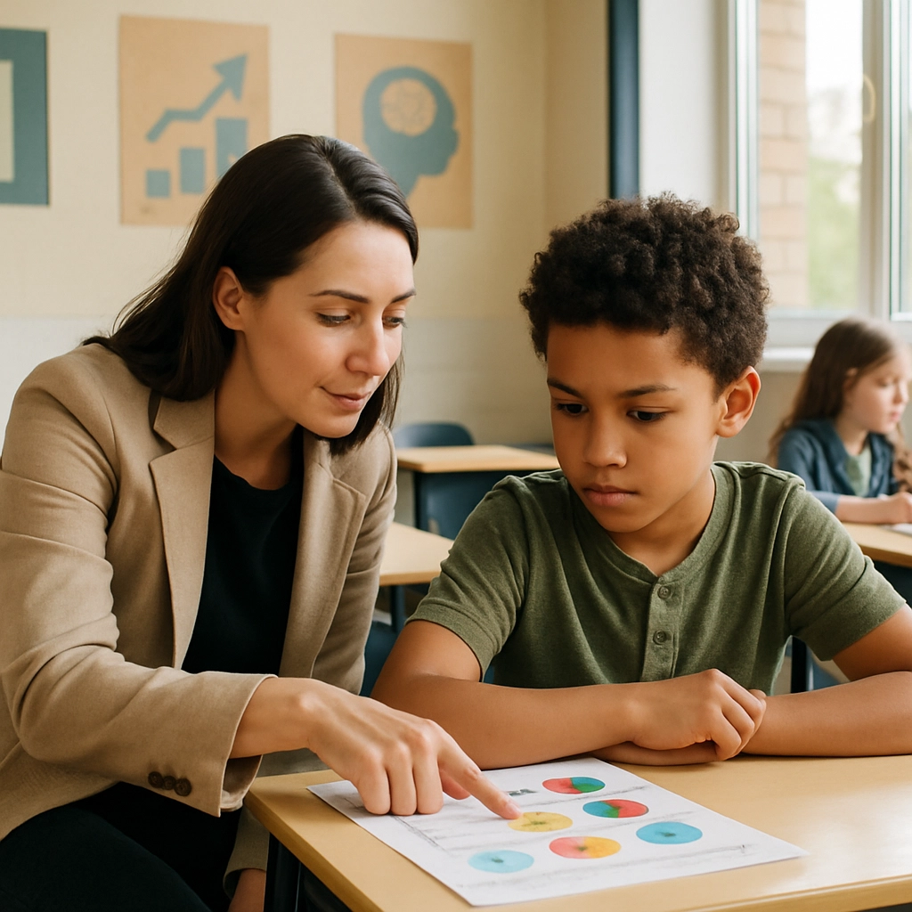 A realistic classroom scene showing a teacher kneeling beside a student's desk, pointing to a math worksheet with colorful fraction diagrams. The student's face shows a mix of curiosity and determination. The room is bright with educational posters about effort and progress. No text, letters, or words in the image.
