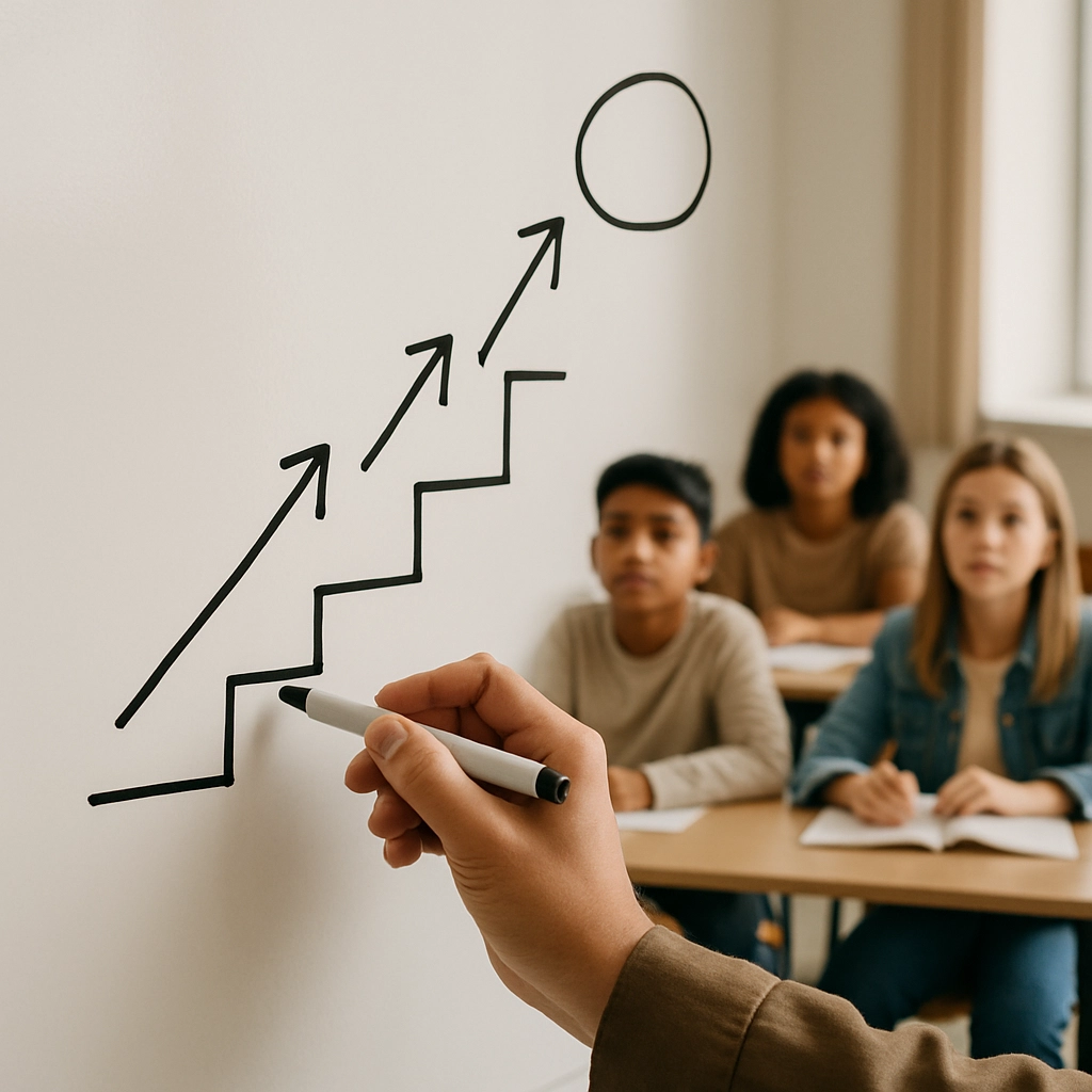 A close-up of a teacher's hand writing on a whiteboard, showing a series of learning steps with arrows and a large 'YET' in the middle, but no actual text, just visual representation of a growth path. The image shows a hand holding a marker, with a diverse group of students at desks looking forward. No letters or words in the image.