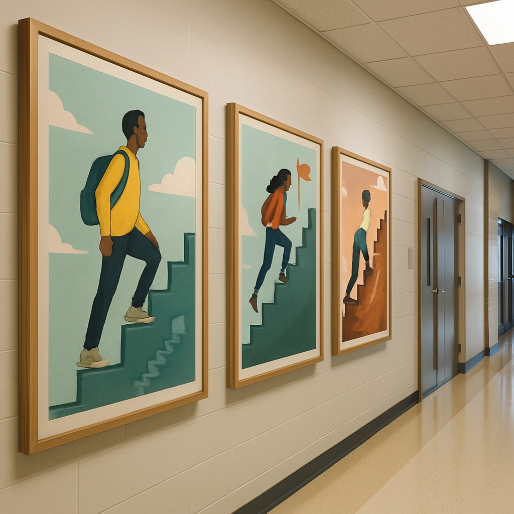 A modern school hallway with large, framed posters depicting diverse students climbing a staircase of progress, with each step representing effort, persistence, and challenge. The atmosphere is uplifting. The image shows no readable text, only illustrations. No letters or words.