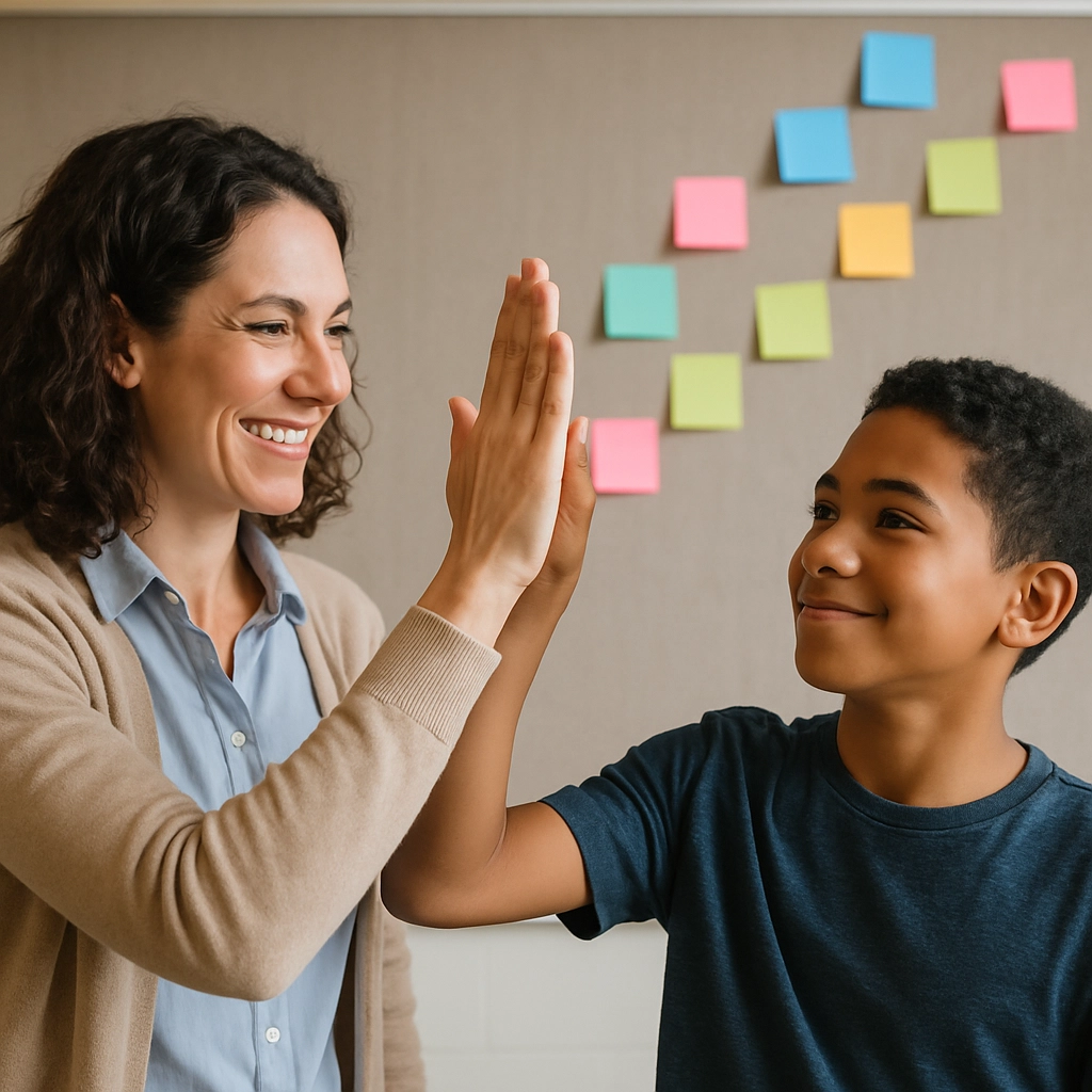 A teacher and a student high-fiving in front of a classroom bulletin board filled with colorful sticky notes that visually represent effort and improvement, with no actual text. The teacher's face is encouraging, the student's face is proud. The image is vivid and realistic, conveying celebration of effort. No letters or words in the image.