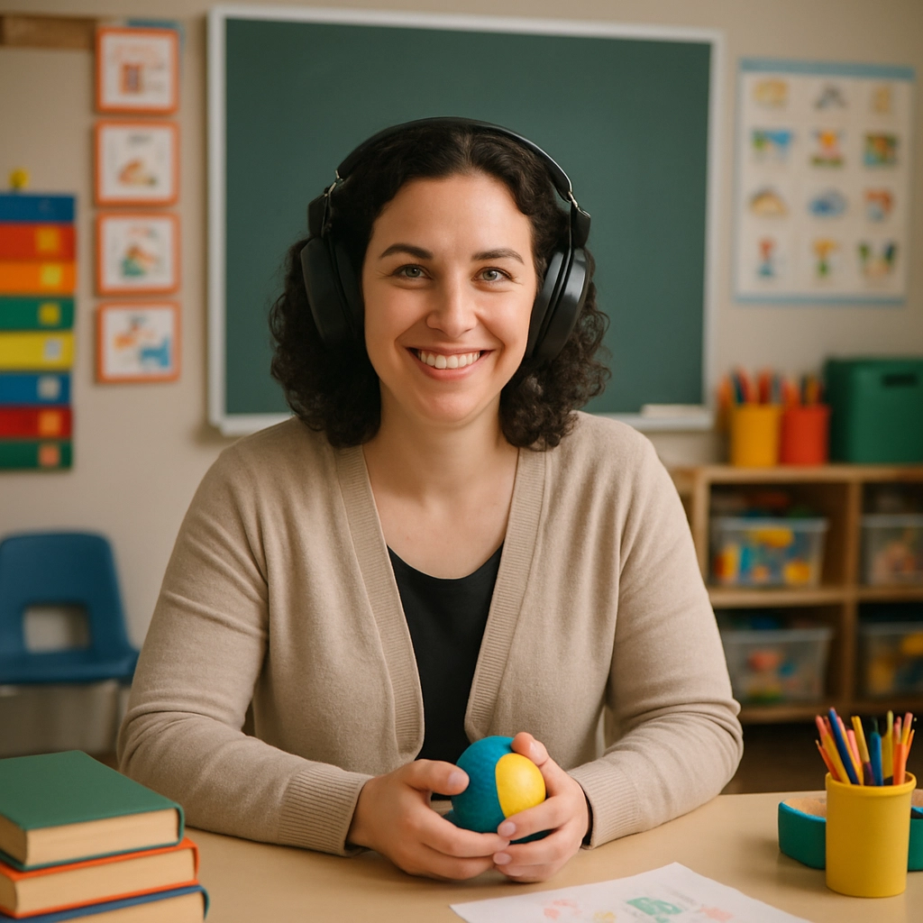 A photorealistic image of a teacher with a warm smile sitting at a desk in a classroom, surrounded by colorful educational materials. The teacher is wearing noise-canceling headphones and has a small stress ball in hand. The room is organized with visible labels and visual schedules on the walls. The lighting is soft, and the atmosphere is calm and focused. The image contains no text, letters, or words.