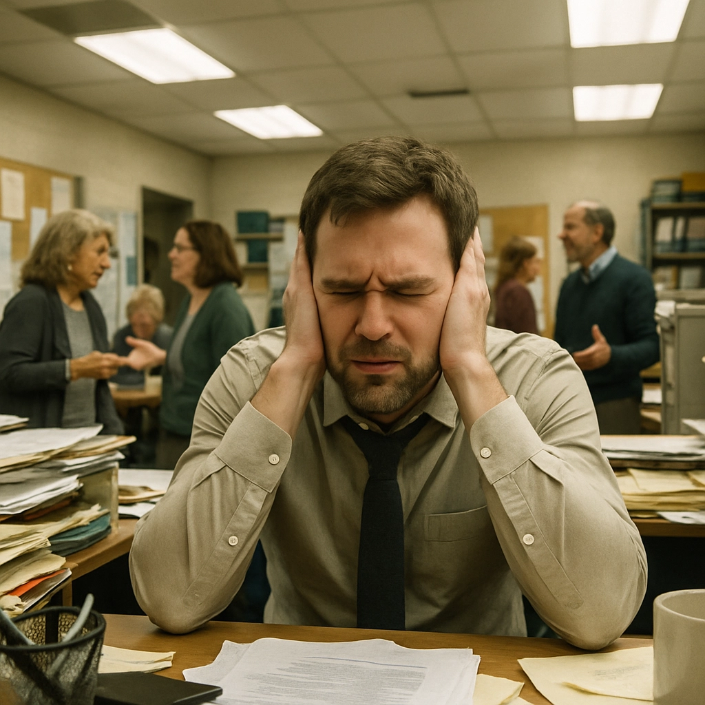A photorealistic image of a teacher looking overwhelmed in a chaotic staff room, surrounded by loud conversations, cluttered desks, and flickering fluorescent lights. The teacher is covering their ears and closing their eyes, with a tense expression. In the background, other teachers are chatting without noticing. The image conveys a sense of stress and sensory overload, and it contains no text, letters, or words.