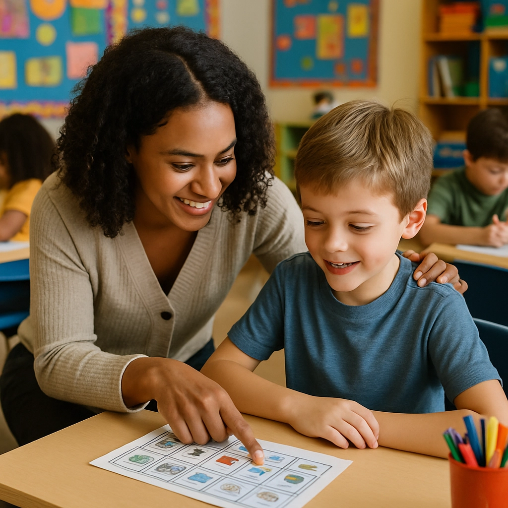 A photorealistic image of a diverse classroom scene where a teacher is kneeling beside a young student, pointing to a visual timetable on the student's desk. The teacher is smiling, and the student looks relieved and engaged. The classroom is bright and colorful, with other students working in small groups. The teacher's hand is gently placed on the student's shoulder, conveying support and encouragement. The image contains no text, letters, or words.