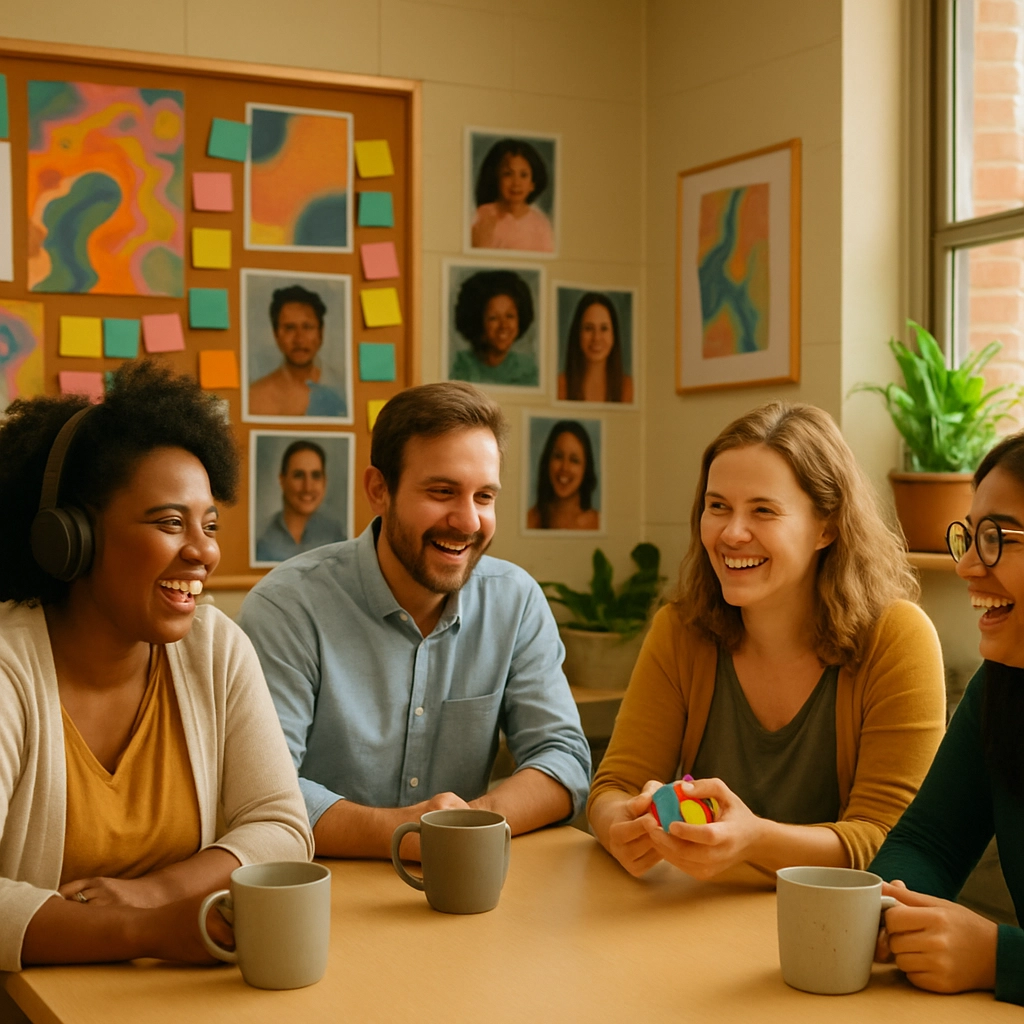 A photorealistic image of a school staff room with a large bulletin board filled with colorful sticky notes and posters that say 'Celebrate Neurodiversity' but without any text, instead the walls are adorned with abstract art and photographs of diverse people. A small group of teachers, some with headphones and fidget toys, are laughing together around a table with coffee mugs. The room is warm and inviting, with plants on the windowsill and soft lighting. The overall mood is joyful and inclusive. The image contains no text, letters, or words.