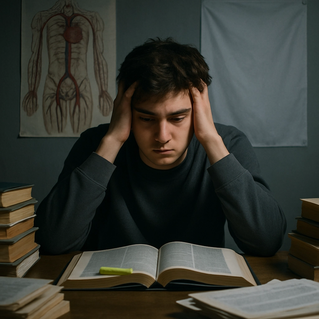 A photorealistic image of a frustrated student sitting at a cluttered desk, with an open textbook and a highlighter, but a blank expression. The background shows a wall with a large diagram of the human circulatory system, but it is partially covered by a white sheet, symbolizing lack of retrieval. The lighting is dim and cool, creating a mood of struggle. No text, letters, or words anywhere in the image.