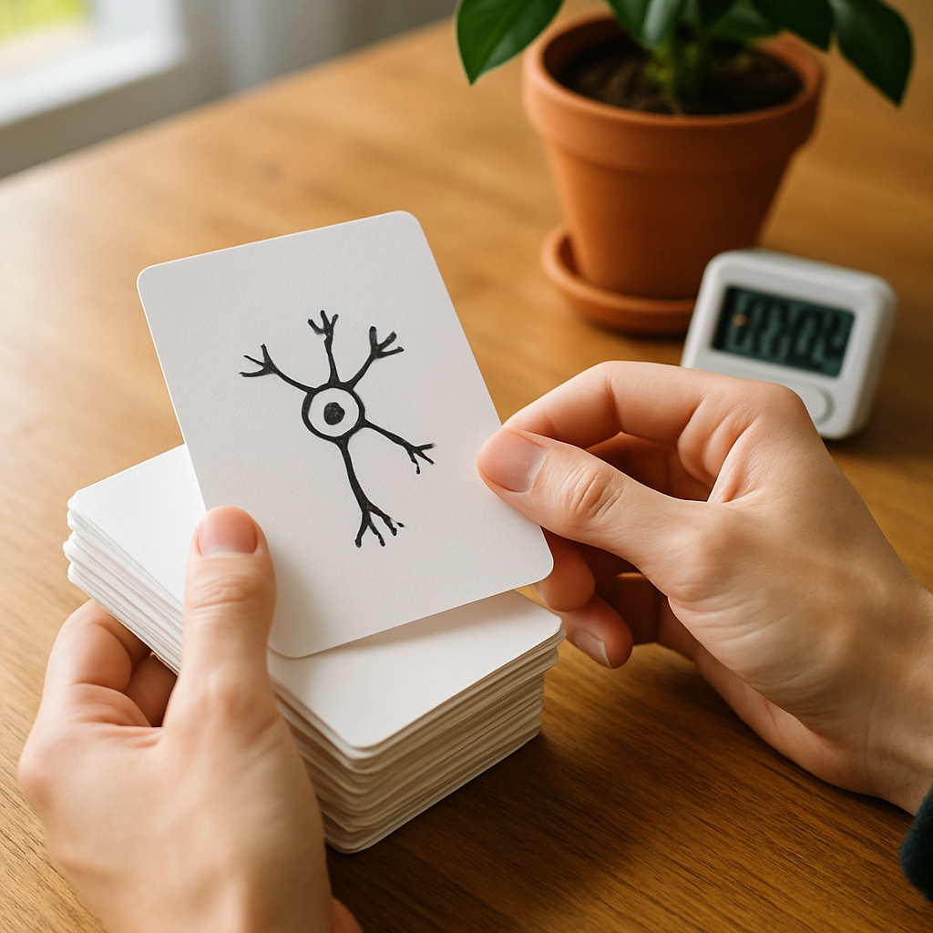 A photorealistic image of a person's hands holding a stack of flashcards on a wooden table, with a small digital timer in the background. The top card shows a simple hand-drawn symbol of a neuron (to avoid text), and the person's finger is about to flip the card. The lighting is bright and natural, with a potted plant in the scene, conveying a sense of active engagement and concentration. No text, letters, or words anywhere in the image.