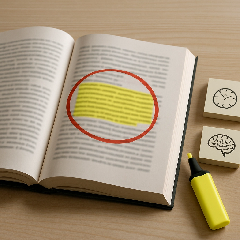 A photorealistic image of a student's desk with a textbook open, a highlighter, and a large red circle around a highlighted paragraph, but the text is blurred to avoid legibility. Next to it is a small stack of sticky notes with simple icons like a clock and a brain. The overall tone is neutral, focusing on the contrast between ineffective and effective study tools. No text, letters, or words anywhere in the image.