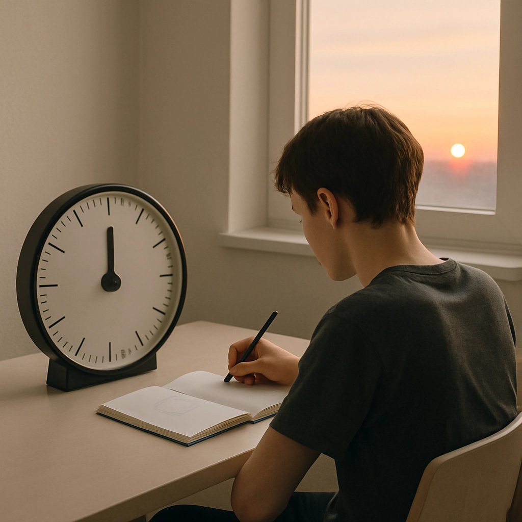 A photorealistic image of a person sitting at a minimalist desk in a calm, minimalist room, using a large timer or clock on the desk. The person is writing on a notebook with a pen, but the notebook is blank or has simple geometric shapes. A window in the background shows a peaceful sunrise, suggesting the start of a new learning day. The overall mood is focused and serene. No text, letters, or words anywhere in the image.
