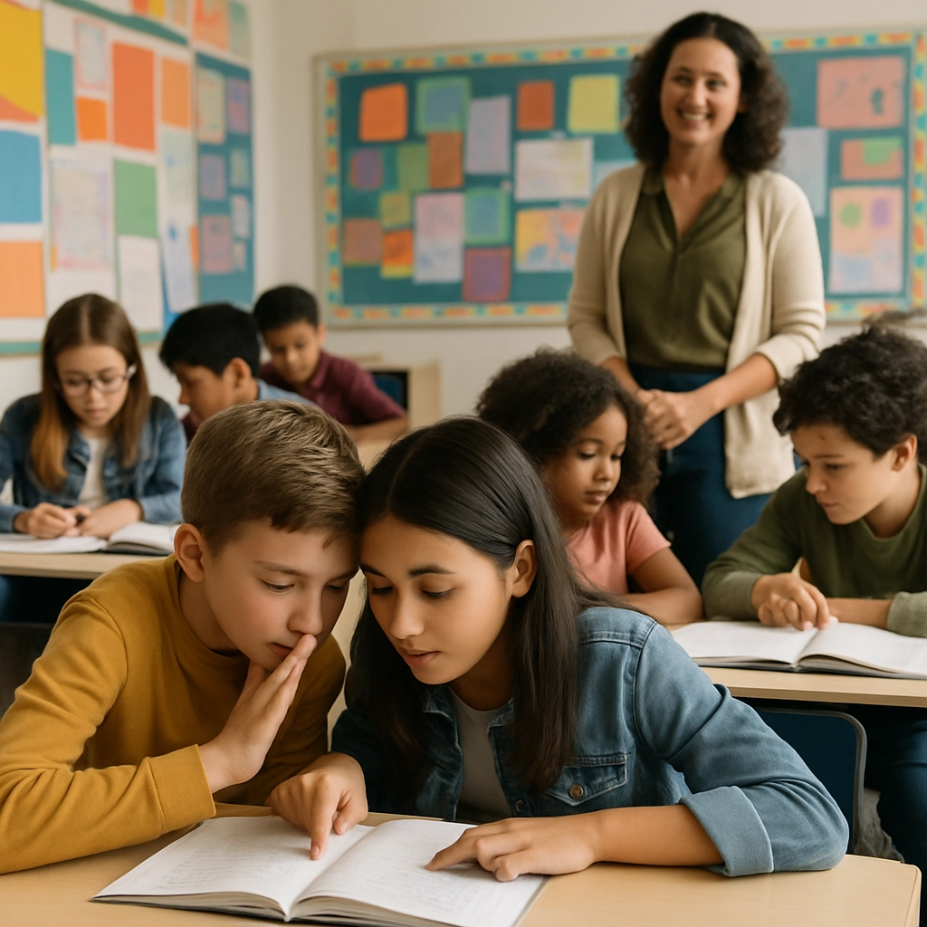 A photorealistic image of a classroom where students are engaged in a Think-Pair-Share activity. Two students are leaning toward each other, whispering and pointing at a shared text, while other pairs are doing the same. The teacher stands in the background, observing with a smile. The classroom is decorated with colorful posters and student work. No text, letters, or words are visible in the image.