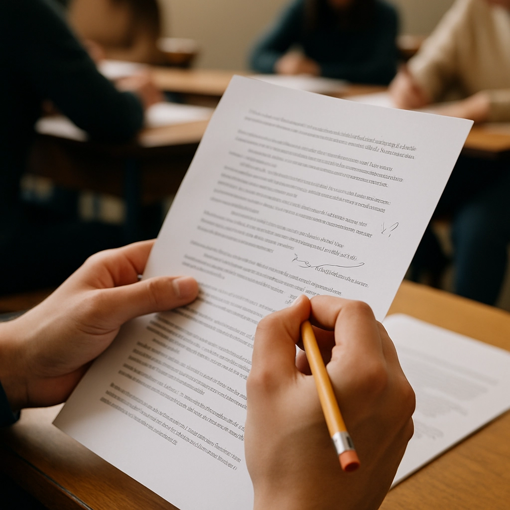 A photorealistic image of a student's hands holding a printed text with visible annotations in the margins. The student has a pencil in one hand and is writing a comment. On the page, there are underlined passages with small notes like questions and connections. The classroom setting is softly blurred in the background, with other students also annotating. No text, letters, or words are visible in the image.