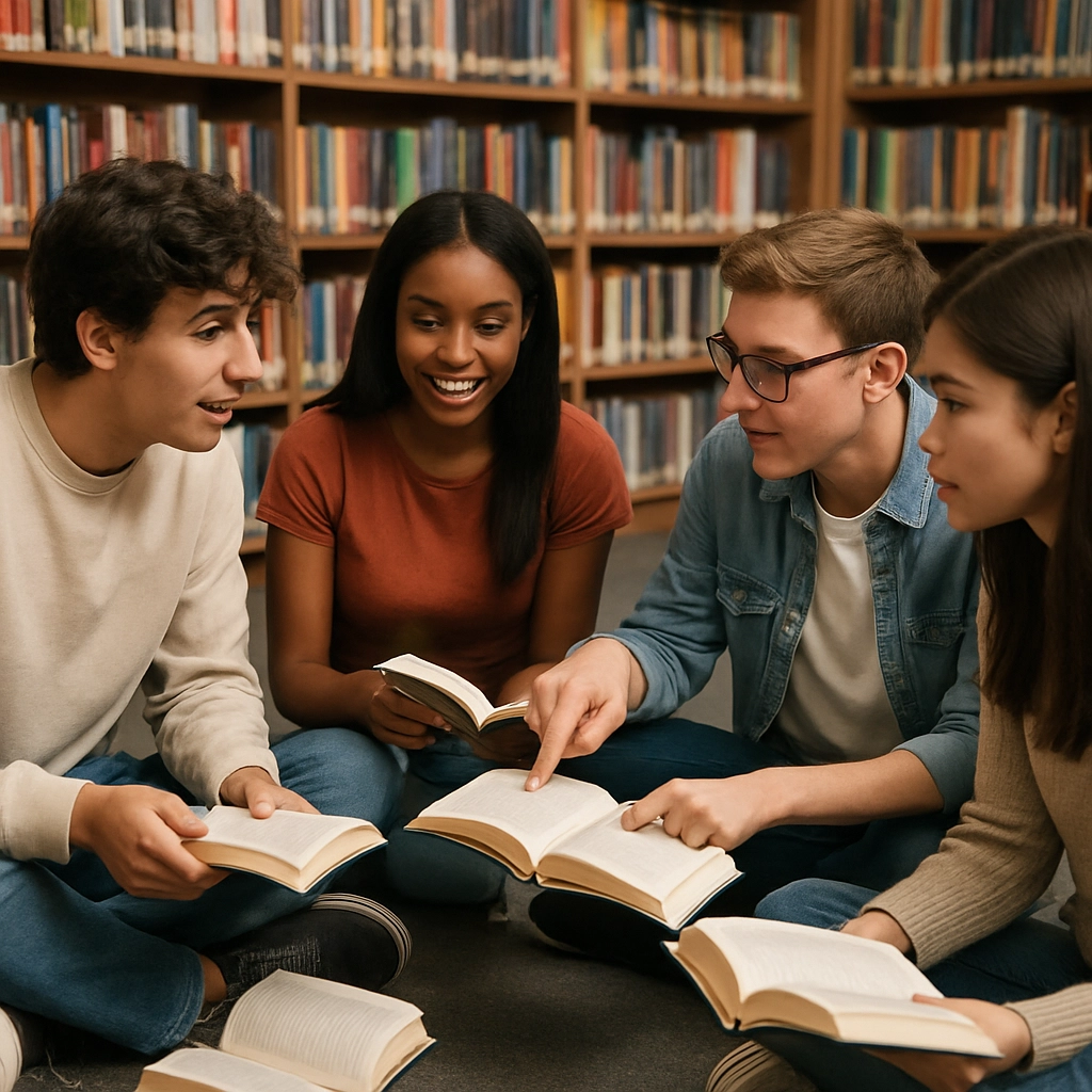 A photorealistic image of a small group of students sitting in a circle on the floor of a library, each holding a different book. They are animatedly discussing, with one student pointing to a page while others listen. The library has shelves of colorful books in the background. The atmosphere is cozy and focused. No text, letters, or words are visible in the image.