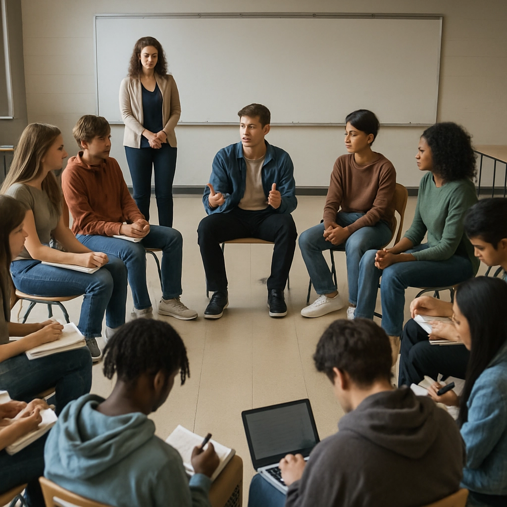 A photorealistic image of a high school classroom arranged in two concentric circles of chairs. The inner circle has five students engaged in discussion, one is speaking while others listen intently. The outer circle has students taking notes. The teacher stands outside the circles, observing. The classroom has a whiteboard in the background, but no text is visible. No letters, words, or numbers are present.