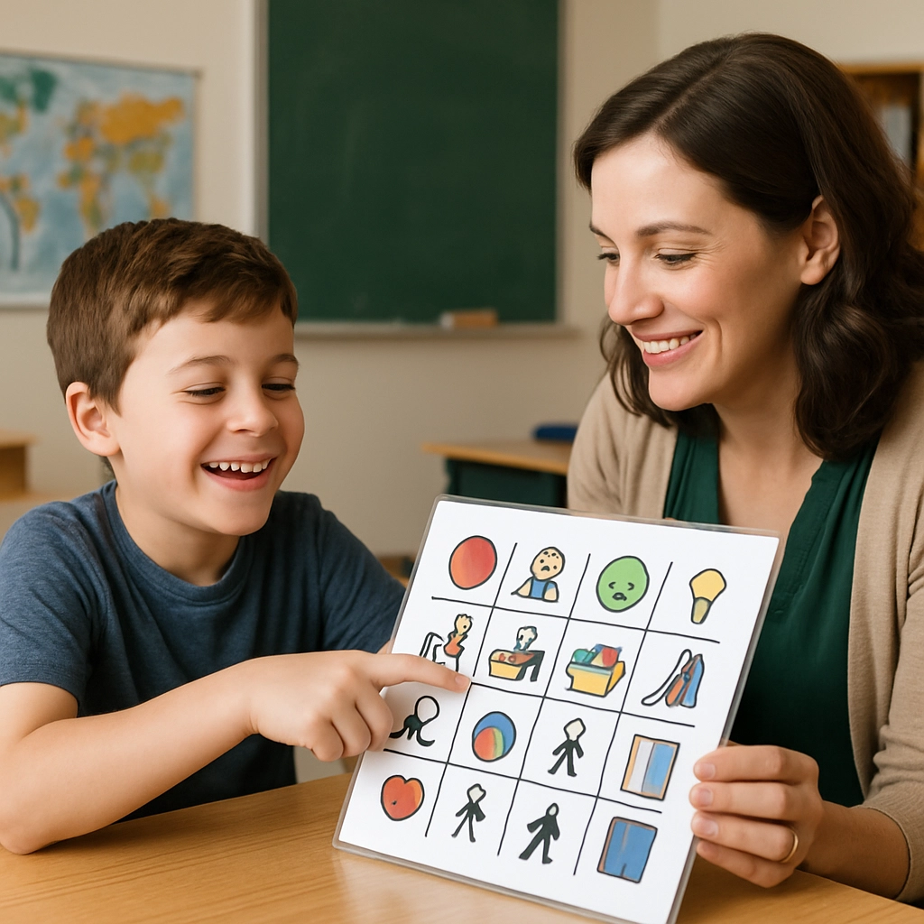 An image showing a teacher and a student in a classroom, with the teacher holding a visual chart of replacement skills, while the student points to a picture of a hand raising. The scene is colorful, positive, and focused on alternative behaviors. No text, letters, or words in the image.