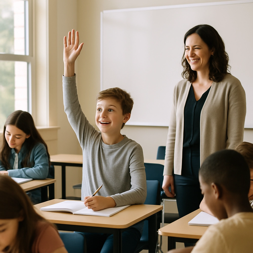 An image of a group of educators in a meeting, looking at different visual aids and diagrams on a whiteboard that illustrate various replacement skill options. They are discussing and pointing, with a warm, collaborative atmosphere. No text, letters, or words.
