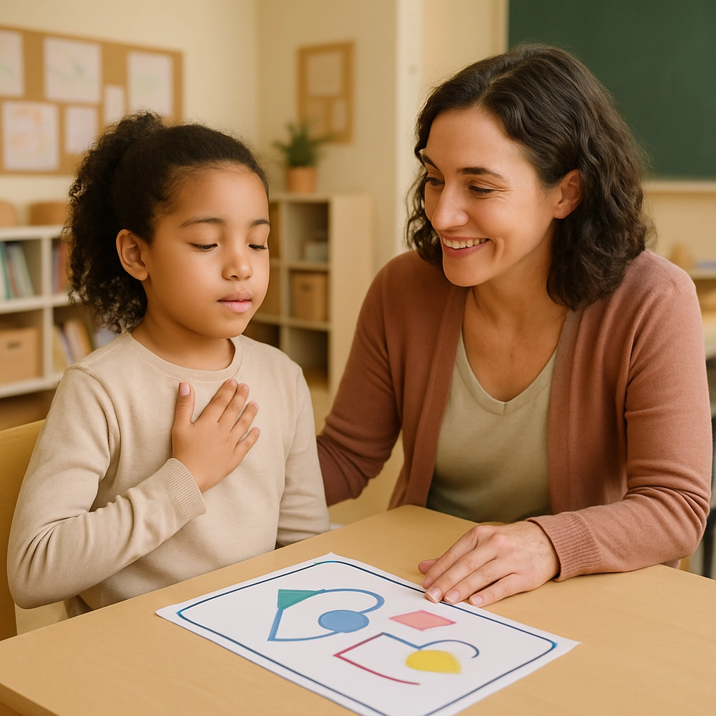 A realistic image of a parent and a child at home, sitting on a sofa, with the parent calmly coaching the child using a feelings chart. The child is starting to speak, and the atmosphere is supportive and nurturing. No text, letters, or words.