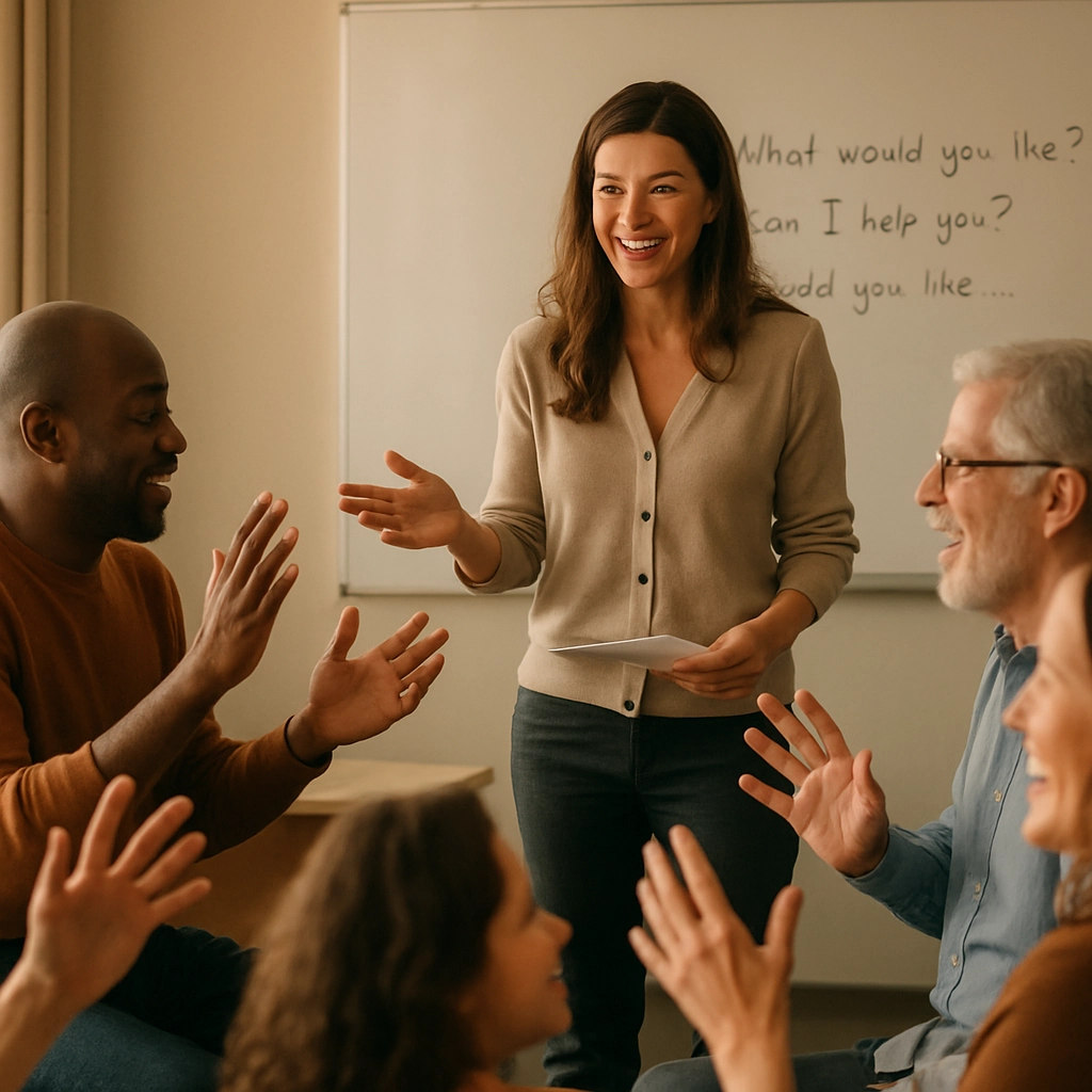 A realistic image of a classroom where an engaged teacher leads a group of adult students in a role-playing activity, with students smiling and using hand gestures, a whiteboard with simple English phrases in the background, warm lighting, no text or letters anywhere, high quality, photorealistic