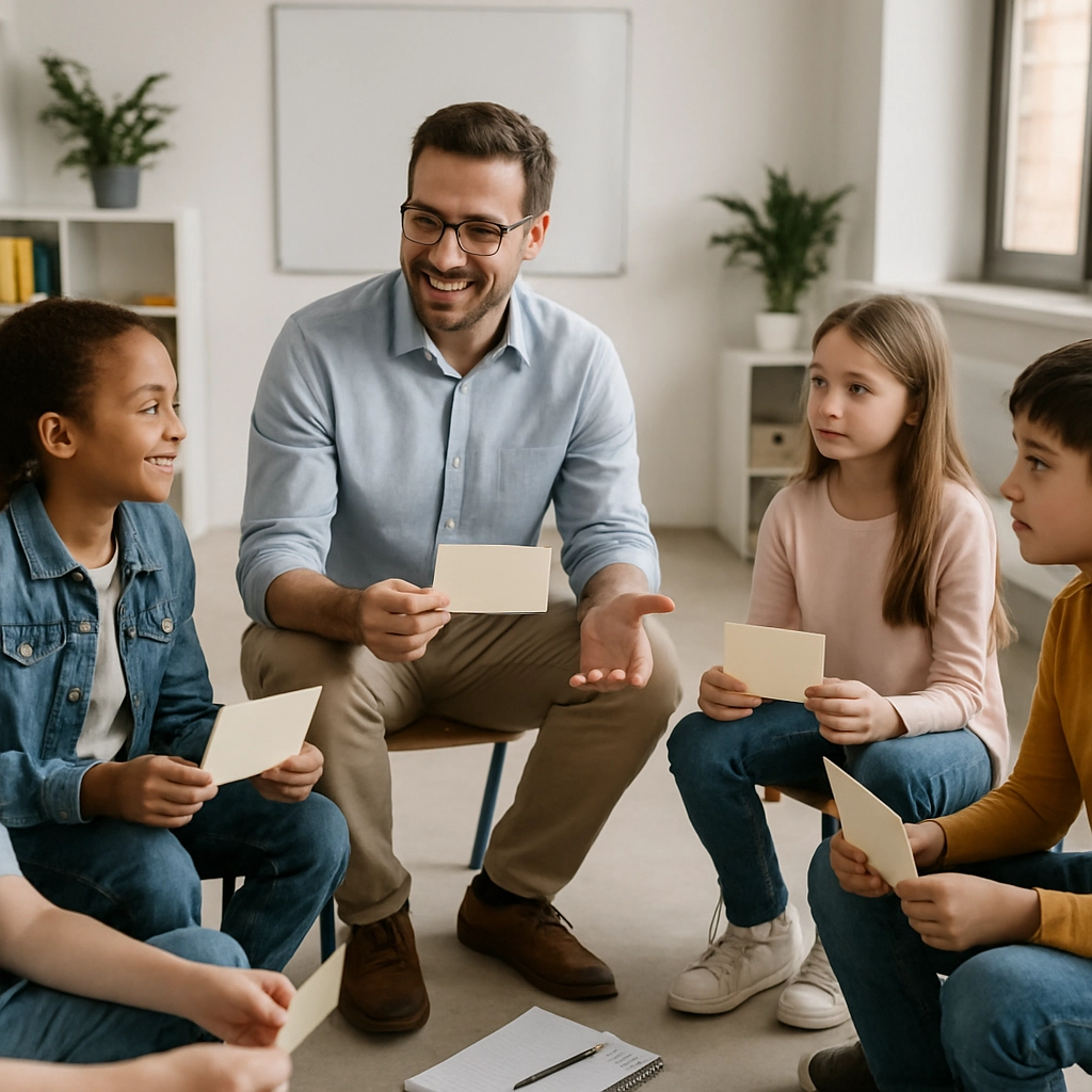 A realistic image of a teacher and a small group of students sitting in a circle, engaged in a conversational activity, each holding a cue card, with a notepad and pen on the floor, bright and modern classroom setting, no text or letters anywhere, high quality, photorealistic