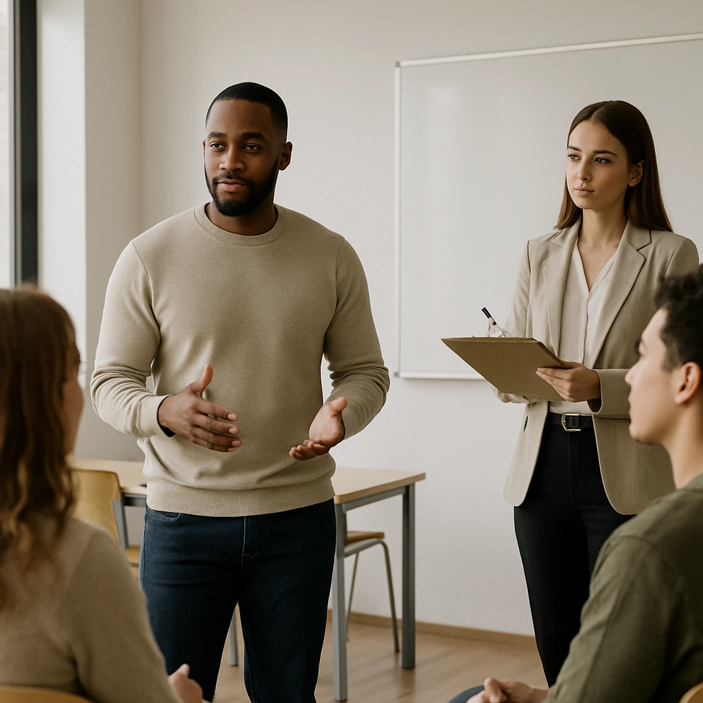 A realistic image of a confident adult student speaking to a small group, with the teacher observing and taking notes on a clipboard, while other students listen attentively, a modern classroom with minimal distractions, soft natural lighting, no text or letters anywhere, high quality, photorealistic