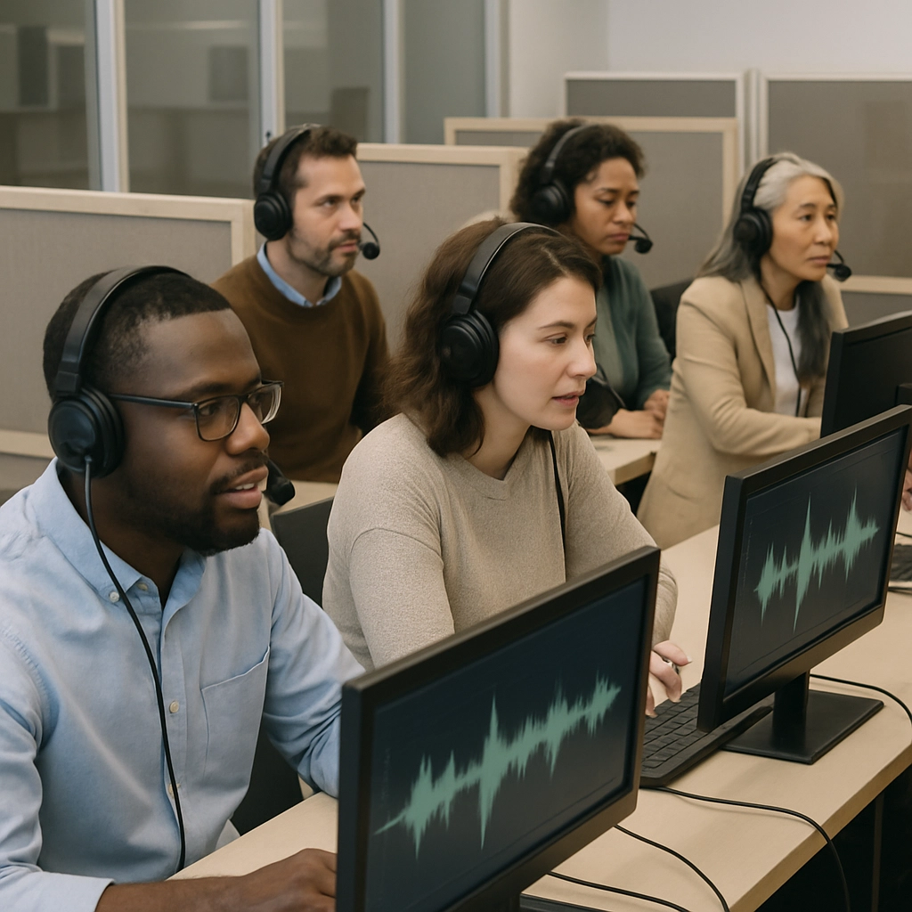 A realistic image of diverse adult students in a language lab, wearing headphones and speaking into microphones, while looking at screens with waveforms on them, a modern educational setting with computers and soundproof booths, no text or letters anywhere, high quality, photorealistic