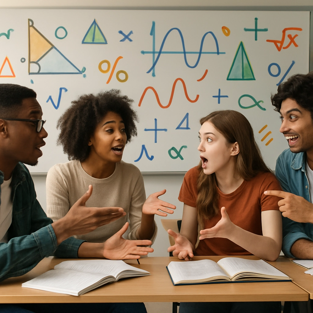 Generate an image of students engaging in a mathematics debate in a classroom environment, showing diversity among students, with colorful visuals and math symbols in the background to illustrate the debate on mathematical concepts. The image should portray excitement and collaboration. Generate an image WITHOUT ANY TEXT, LETTERS, OR WORDS.