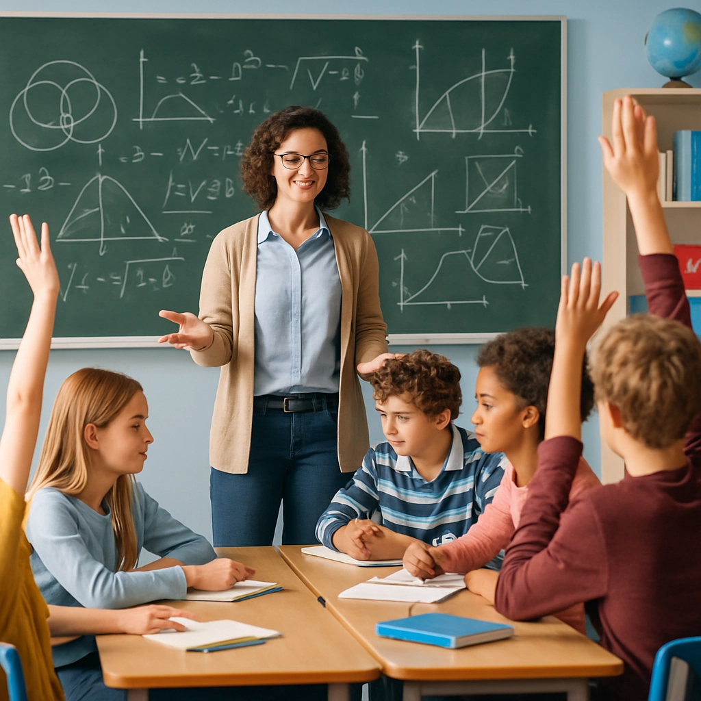 Generate an image depicting a classroom where a teacher guides students on how to conduct a mathematics debate, showing students raising their hands, some discussing in groups, and a blackboard filled with math-related concepts. The setting should be vibrant and engaging. Generate an image WITHOUT ANY TEXT, LETTERS, OR WORDS.